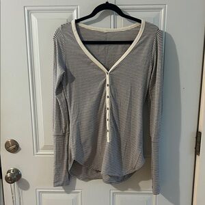 Lululemon Athletica Grey and White Striped Button Down Shirt
